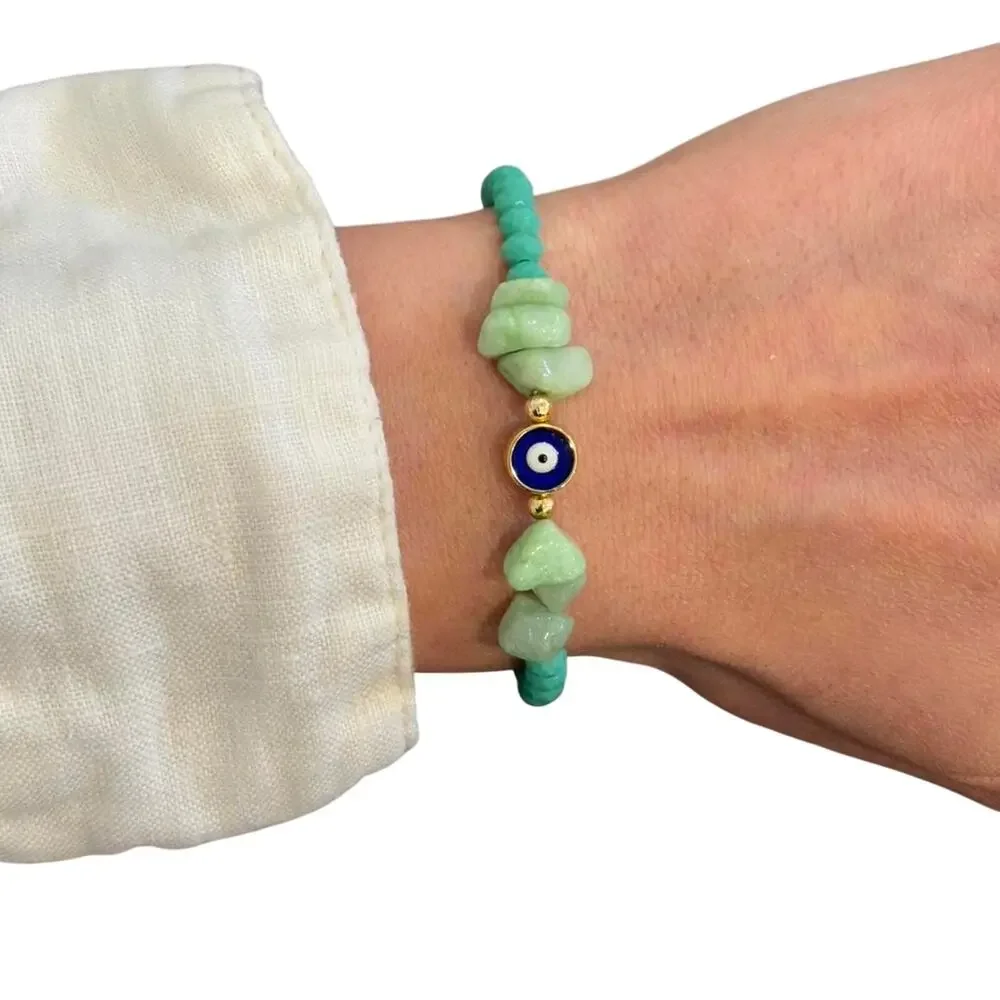 Turquoise Evil Eye Beaded Bracelet Gold Tone Adjustable Handmade - Picture 2 of 4